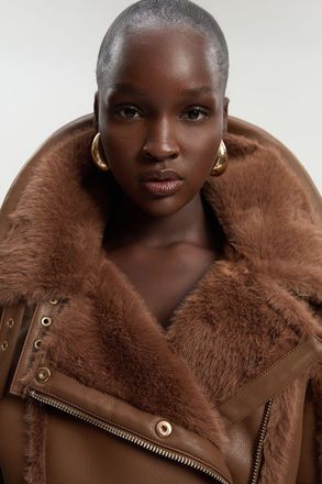 Karen Millen Womens Faux Fur High Neck Belted Biker Coat - Beige - Size 8 UK