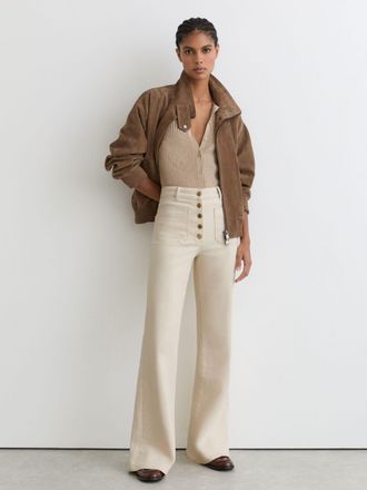 Reiss Ecru Patch-pocket Button Flared Jeans, 34R