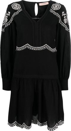 Twin-Set embroidered long-sleeve short dress - women - Cotton/Linen/Flax - 42 - Black