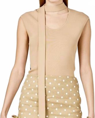 English Factory Neck Tie Knitted Top In Khaki