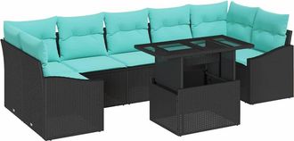 vidaXL Conjunto De Sof&aacute; De Jard&iacute;n 8 Uds. Negro Y Azul Rat&aacute;n Sint&eacute;tico Vidaxl