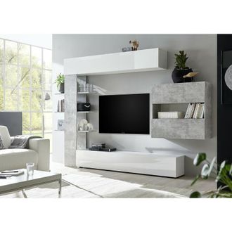 Dmora Dmora - Sistema de pared de salón reversible, Made in Italy, Mueble tv, Conjunto de salón moderno, 295x30h197 cm, Blanco brillo y color Cemento, con