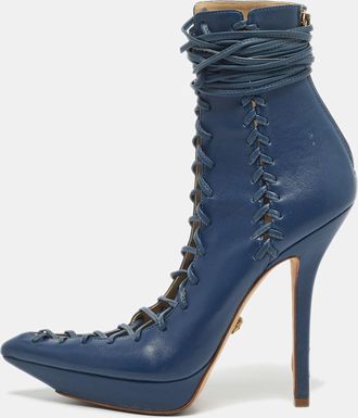 Versace Blue Leather Lace Up Ankle Length Boots
