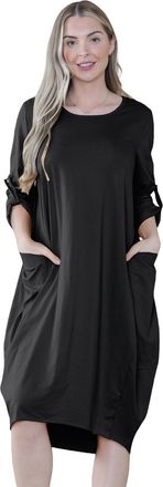 Janisramone Womens Italian Lagenlook Baggy Midi Dress with Pockets, Turn Up Long Sleeve Plain Round Neck Lagenlook Tops, Loose Summer Dresses for Women UK Black