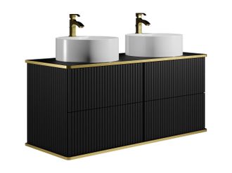 Vente-Unique Mueble de ba&ntilde;o suspendido estriado con ribete dorado y dos lavabos redondos - Negro - 120 cm - KELIZA