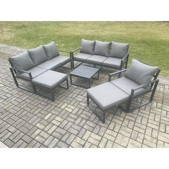 Fimous Fimous Aluminium Outdoor Lounge Sofa Set Garden Furniture Sets with Square Coffee Table Chair 2 Big Footstools Dark Grey
