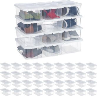 Relaxdays 48 Cajas Pl&aacute;stico Para Zapatos, Apilables, Organizadores Calzado, Con Tapa, 12,5x20x34,5cm, Blanco