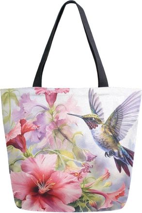 Alaza Canvas Tote Bag Large Women Casual Shoulder Bag Handbag Flowers and Hummingbirds Reusable Multipurpose Heavy Duty Shopping Grocery Cotton Bag for Mom