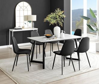 Furniturebox Carson White Marble Effect Dining Table & 6 Corona Black Leg Chairs
