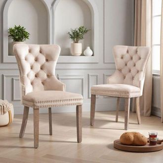 OEM Silla De Comedor - Terciopelo Beige - Dise&ntilde;o Retro - Patas Ajustables - Pack De 2 Sillas