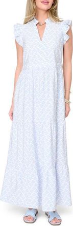 Gibsonlook Print Flutter Sleeve Maxi Dress in Blue Motif Leaf at Nordstrom, Size Xx-Small