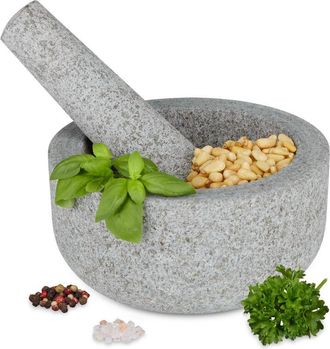Relaxdays Relaxdays - Mortaio con Pestello in Granito, HxD 8x16 cm, Macina Spezie, Pesto di Basilico, Cocktail Mojito, Grigio Chiaro, 100%, 8 x 16 x 16 cm