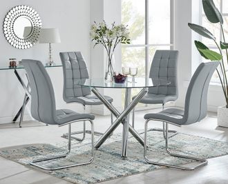 Furniturebox Selina Round Glass Chrome Leg Dining Table & Murano Chairs in Grey | Size: 4 Person