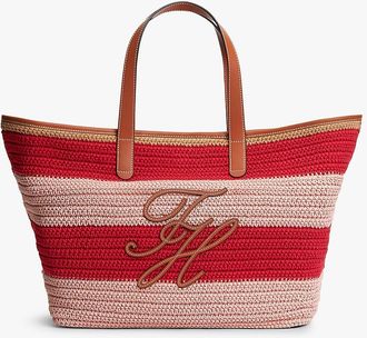 Tommy Hilfiger Womens Nautical Striped Crochet Tote Bag - Pink