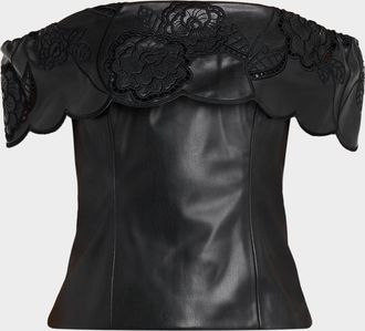 Toccin Mariana Embroidered Faux Leather Off-Shoulder Top