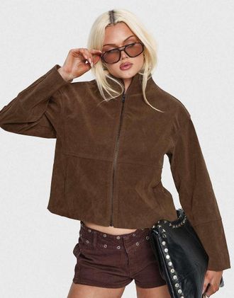 Princess Polly Giacca corta in camoscio sintetico marrone con collo a imbuto e zip