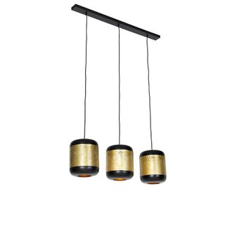 QAZQA Industrial L&aacute;mpara Colgante Vintage Negra Con Lat&oacute;n Oblongo 3 Luces - Kayleigh Acero Alargada Adecuado Para Led Max. 3 X 40 Watt - Qazqa
