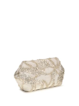Brunello Cucinelli Womens Embroidered Silk Organza Clutch Feather Shoulder Bags