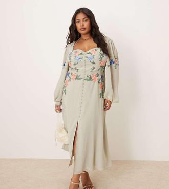 Hope & Ivy Vestito midi verde salvia ricamato con scollo squadrato e schiena scoperta