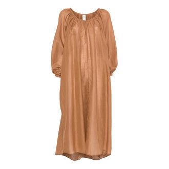 120% Lino Geplooide Maxi-jurk - Dames - Maxi kleedjes - Bruin - XS - Katoen - Kleedjes