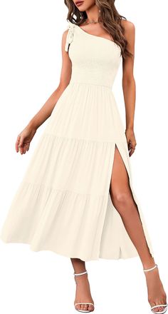 Merokeety Womens Summer One Shoulder Sleeveless Knot Smocked Midi Dress Split Tiered Flowy Dresses, Beige, M