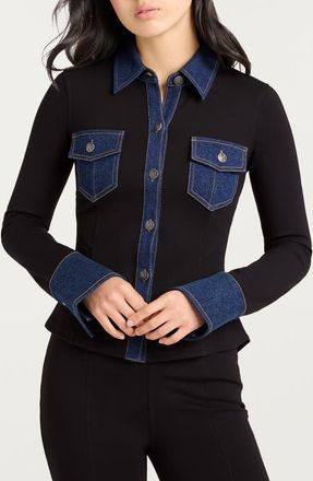 Cinq &agrave; Sept Aliza Denim Trim Shirt in Black/Fontaine at Nordstrom, Size Xx-Small
