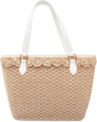 Moschino Logo Tag Rafia Tote Bag Beige >