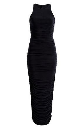 SKIMS Cupro Jersey Ruched Long Dress in Obsidian at Nordstrom, Size Xx-Small