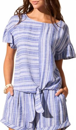 Tribal Tie Front Blouse With Frilled Sleeve In Calypso Blue