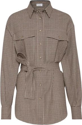 Brunello Cucinelli Overhemden, Dames, Bruin, M, Wol, Bruin Geruit Patroon Shirt met Zakken