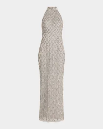 Aidan Mattox Beaded Halter Column Gown