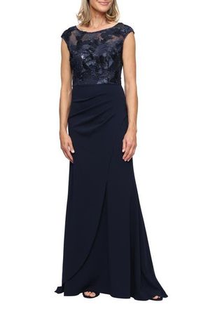Alex Evenings Soutache Sequin Illusion Neck Gown in Navy at Nordstrom, Size 12P