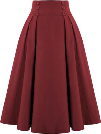 Generic Womens Skirt high Waist Button Decorated Flared A-line Skirt White Knee-Length Girls Pleated Skirt Claret-M