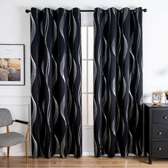 No Brand Cortinas T&eacute;rmicas Opacas Para Puertas - Cortinas Decorativas Negras Con Estampado De L&iacute;neas Onduladas Plateadas, 132 Cm De Ancho X 213 Cm De Largo