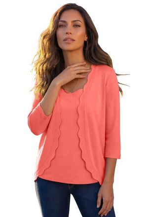 Roaman's Scalloped Cardigan And Tank Set in Sunset Coral at Nordstrom, Size 24