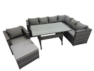 Fimous 8 Seater Patio Dining Corner Sofa Sets with Chair Big Stool in Dark Grey