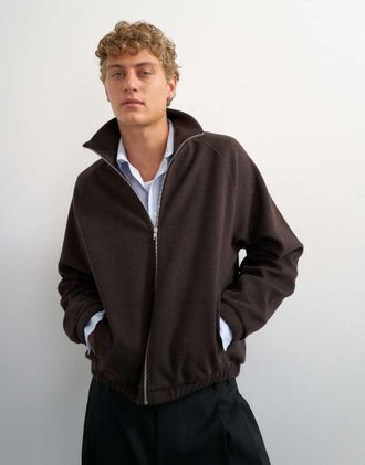 Topman felpa relaxed fit corta con zip a 1/4 e collo a imbuto spazzolato marrone