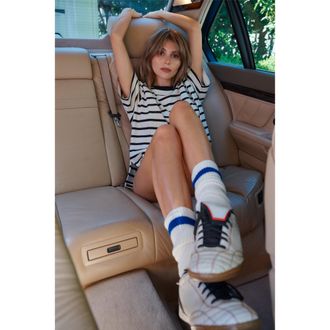 Good American Womens Cotton OverSized T-Shirt in Black And Ecru Wide Stripe Size Medium | Good American by Khlo&Egrave; Kardashian