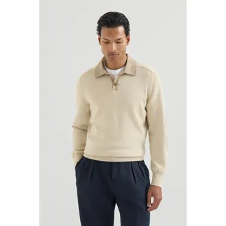 Brunello Cucinelli Cashmere knit polo with suede collar in Sand at Nordstrom, Size 46