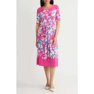 Kasper Floral Shirred Tie Belt Dress in Pink Perfection Multi at Nordstrom, Size 12
