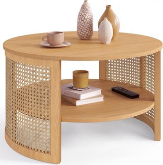 IDMarket Tavolino Rotondo Edhen 70 Cm Con Canna Naturale Ed Effetto Legno