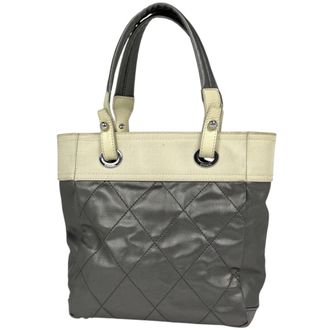 Chanel Gray Ivory Coated Canvas Handbag Tote Bag (Pre-Owned)