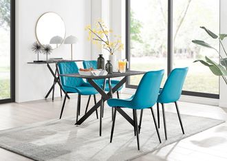 Furniturebox Leonardo Grey Glass Marble Effect Black Leg Table & 4 Pesaro Black Leg Chairs in Blue