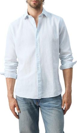Mango Regular Fit Stripe Cotton & Linen Button-Up Shirt in Sky Blue at Nordstrom, Size X-Large