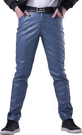 Feoya Mens Slim Fit Leather Trousers Stretch Elastic Faux PU Pencil Pants Wet Look Straight Leg Trousers for Motocycle Biker Dance Bar Nightclub Stage Show 