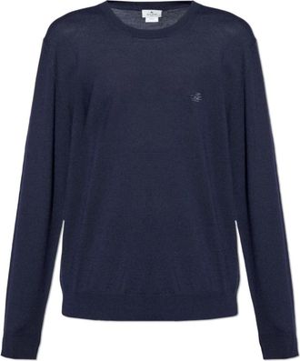 Etro Wollen trui met geborduurd logo - Heren - Ronde hals truien - Blauw - 2XL - Wol - Truien & Vesten