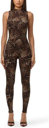 Naked Wardrobe Mock Neck Jumpsuit in Spotted Leopard at Nordstrom, Size X-Large