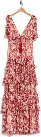 Cinq &agrave; Sept Omelia Floral Flutter Sleeve Tiered Chiffon Gown in Cherry Rose Multi at Nordstrom Rack, Size 00