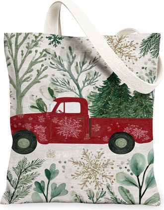 Generic Christmas Truck Canvas Tote Bags, Vintage Holiday Design Reusable Grocery Bags, Rustic Festive Lightweight Washable Shoulde, Red, 13x15 Inch