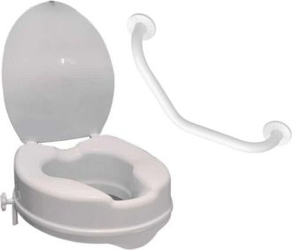 Pellet Elevador Para Inodoro Pmr Pellet De Pl&aacute;stico Blanco Con Asiento De 10 Cm + Barra De Apoyo Inclinada Pmr Pellet Essentiel